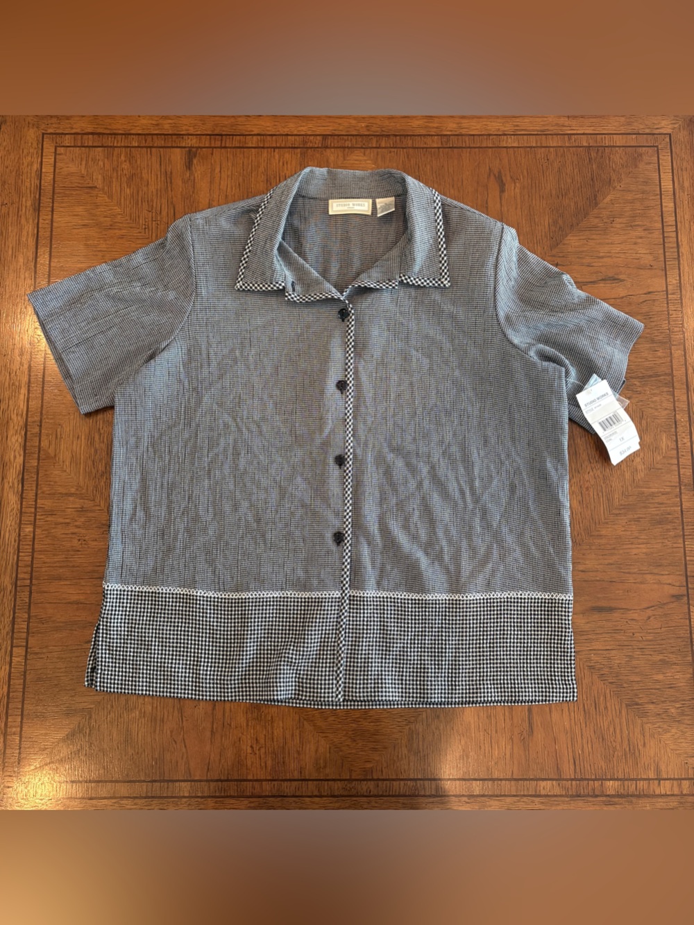 Studio Works Black and White Micro-Check Button-Up Knit Top